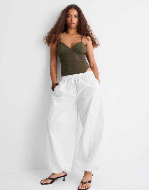 Stradivarius Bodysuit with lace straps in olive green, 2 of 4