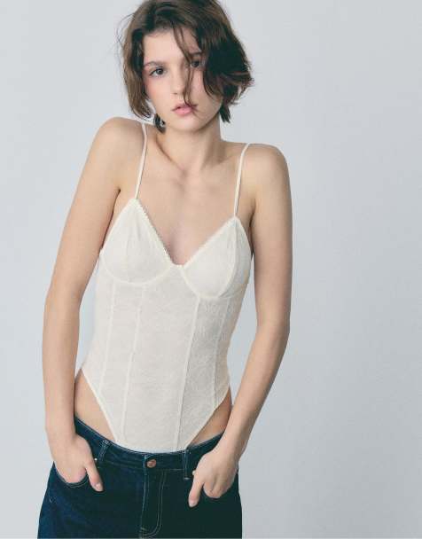 Stradivarius Bodysuit with lace straps in vanilla - view 1
