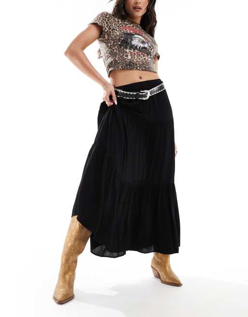 Stradivarius boho crinkle maxi skirt in black ASOS