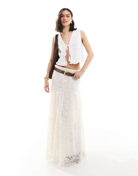 Stradivarius boho lace midi skirt in ecru - view 1