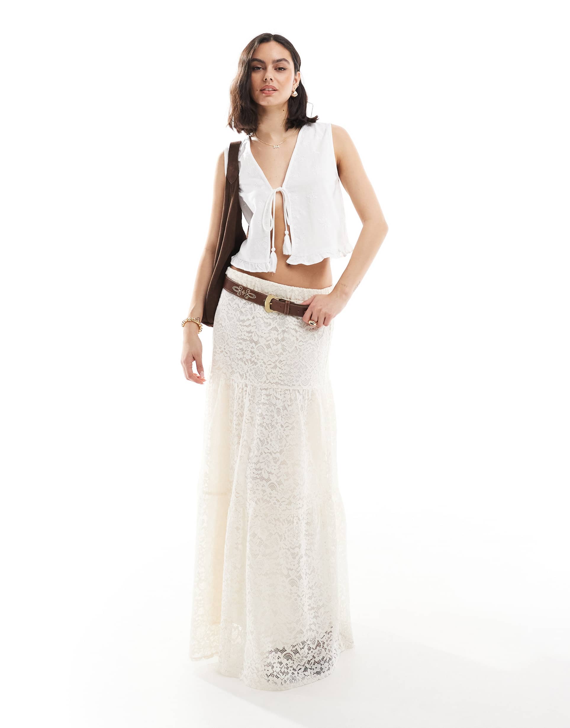 stradivarius boho lace midi skirt in ecru