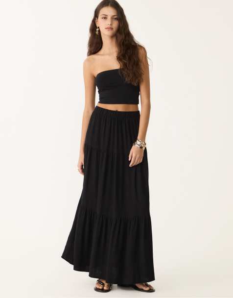 Stradivarius boho midi skirt in black
