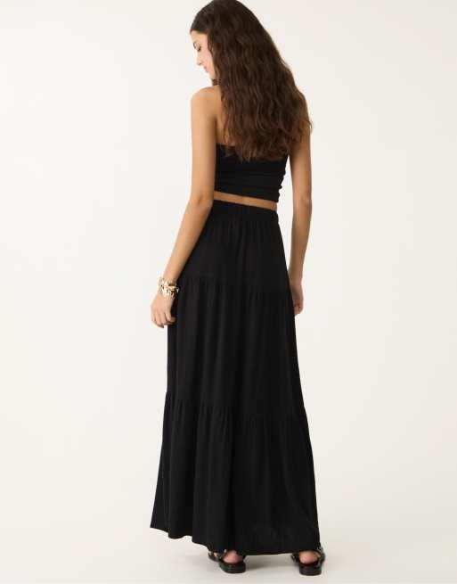 Stradivarius boho midi skirt in black