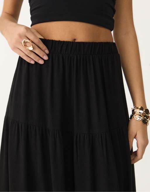 Stradivarius boho midi skirt in black
