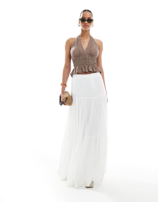 Stradivarius boho midi skirt in white