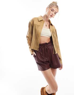 boho tassel detail faux suede jacket in camel-Brown