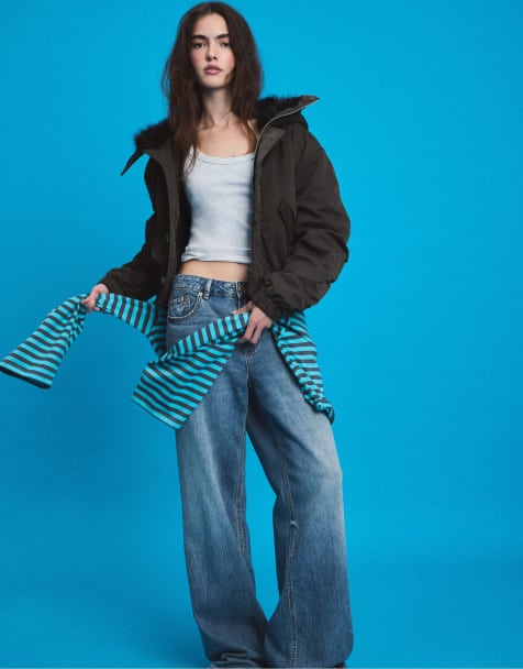 Stradivarius Bomber jacket with faux fur high neck in khaki - view 1