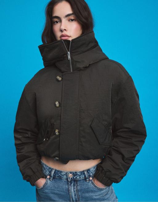 Stradivarius Bomber jacket with faux fur high neck in khaki, 2 of 7