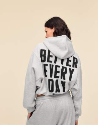 Stradivarius - Bomber-Sweatshirt in Grau meliert mit Kapuze und Print