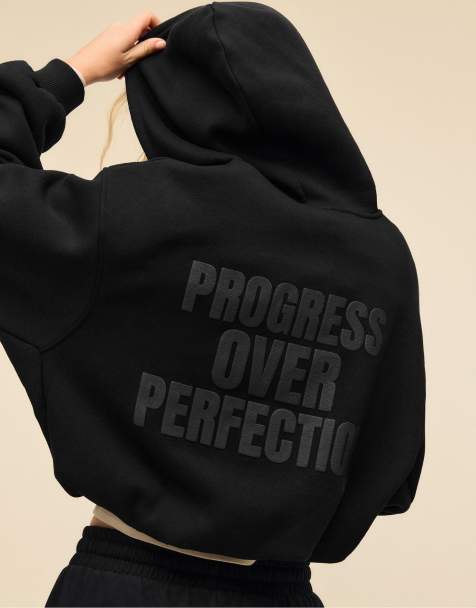 Stradivarius – Bomber-Sweatshirt in Schwarz mit Kapuze und Print - view 1