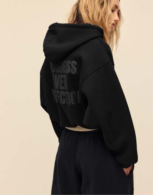 Stradivarius – Bomber-Sweatshirt in Schwarz mit Kapuze und Print, 3 von 3