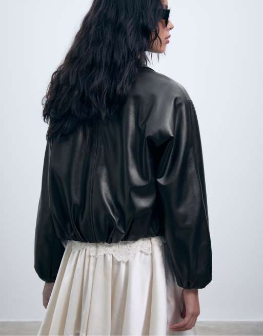 Stradivarius - Bomber trapuntato nero in pelle sintetica, 3 di 4
