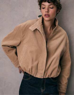 Stradivarius - Bomberjacke aus Cord in Steinbeige-Weiß
