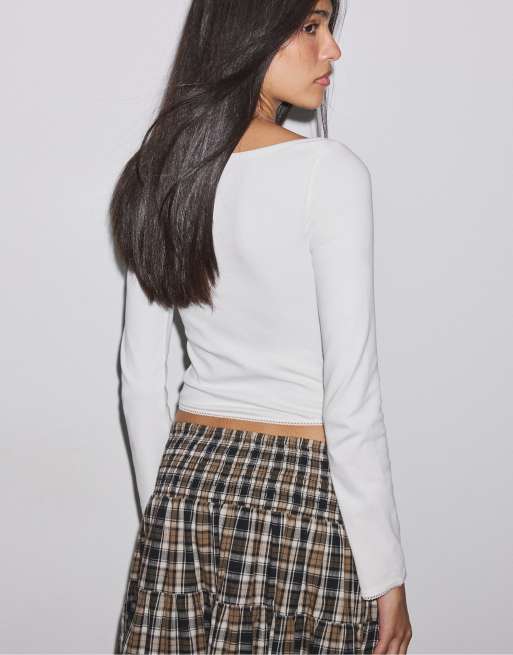 Stradivarius boothals T-shirt met lange mouwen in ecru, 3 van 7