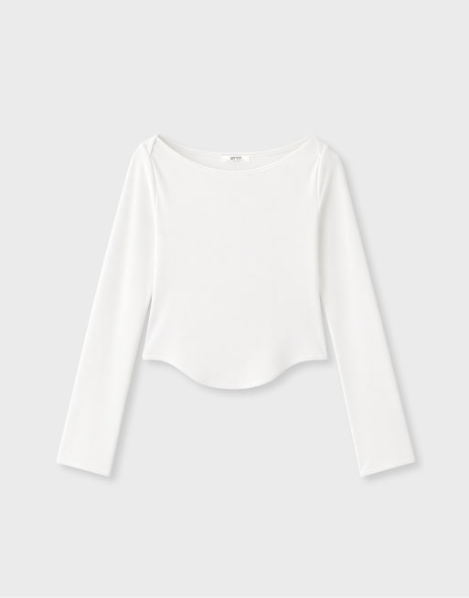 Stradivarius boothals T-shirt met lange mouwen in ecru, 6 van 7