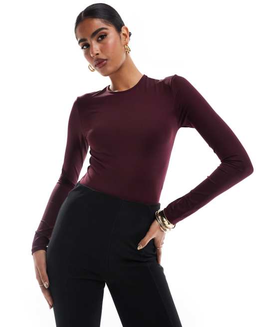 Stradivarius - Bordeaux bodystocking med lange ærmer i polyamid