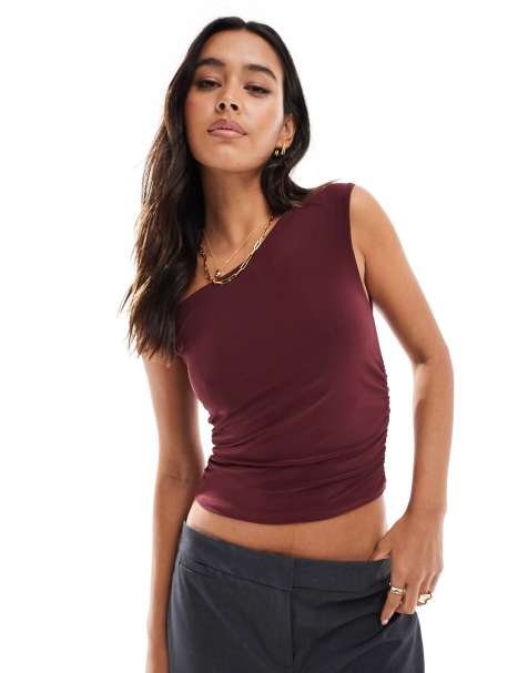 Stradivarius asymmetric off shoulder top in burgundy