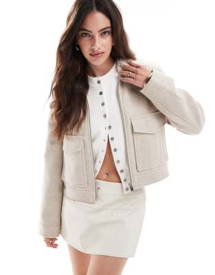 borg collar trucker jacket in beige-Neutral