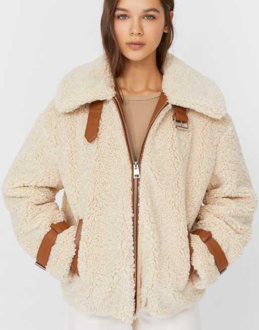 Stradivarius borg jacket with faux leather trim in ecru | ASOS