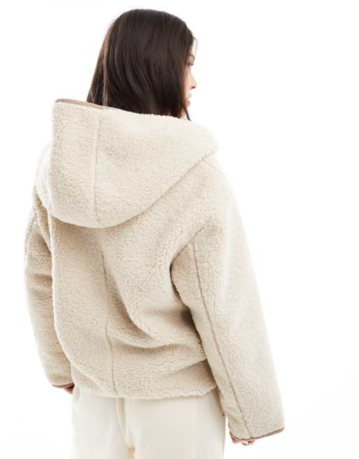 Stradivarius borg jacket with hood in natural