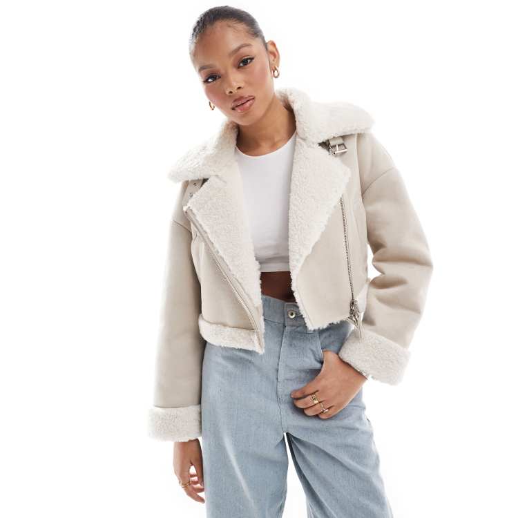 Stradivarius borg lined cropped aviator in ecru ASOS