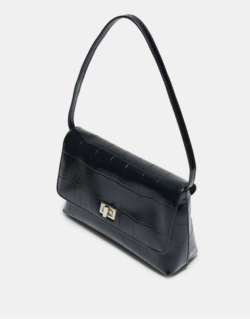 Stradivarius borsa a spalla con patta e chiusura a clip nera, 4 di 4