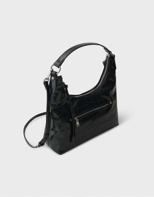 Stradivarius borsa a spalla in camoscio nera con tracolle, 4 di 4