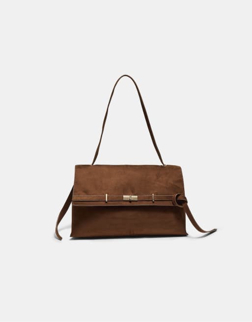 Stradivarius borsa a spalla maxi con dettaglio cintura marrone