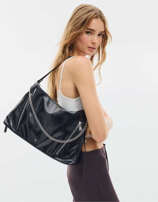 Stradivarius borsa a spalla nera con tracolla e zip, 2 di 5