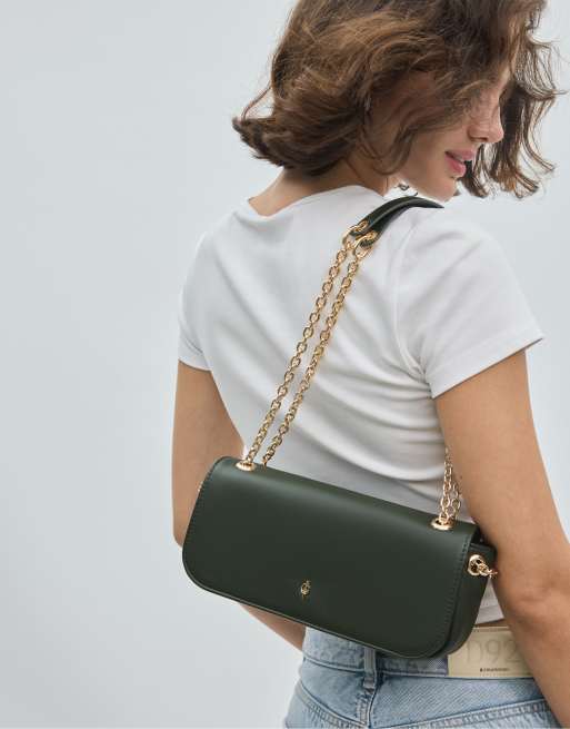 Stradivarius borsa a tracolla con logo e catenina verde bottiglia, 2 di 4