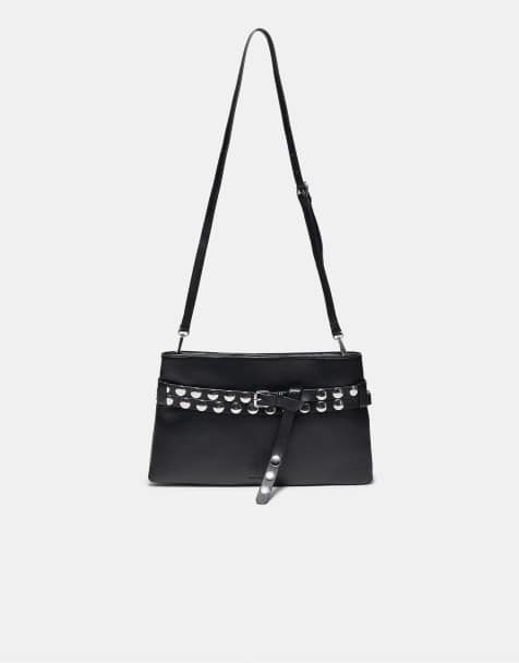 Stradivarius - Borsa a tracolla nera con borchie e cinturino - view 1