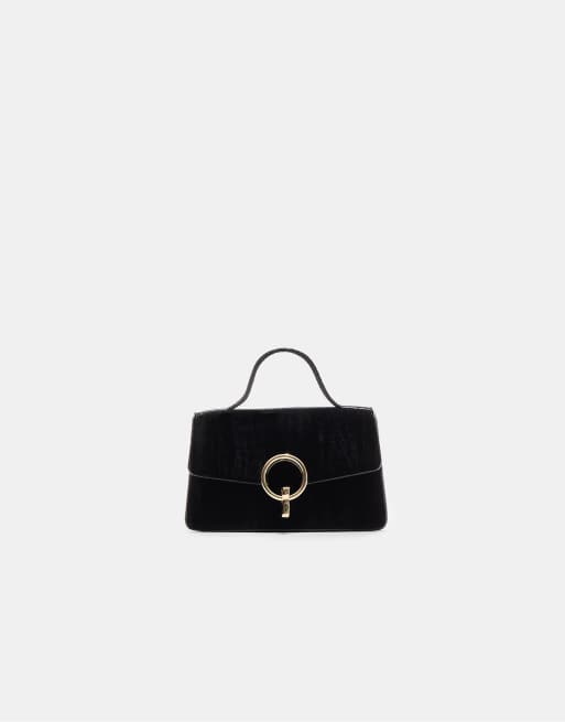 Stradivarius - Borsa a tracolla nera in velluto con chiusura rotonda