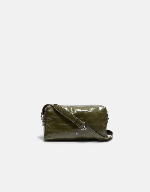 Stradivarius borsa a tracolla rettangolare effetto coccodrillo color kaki