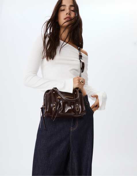 Stradivarius - Borsa bowling a tracolla in pelle sintetica marrone - view 1