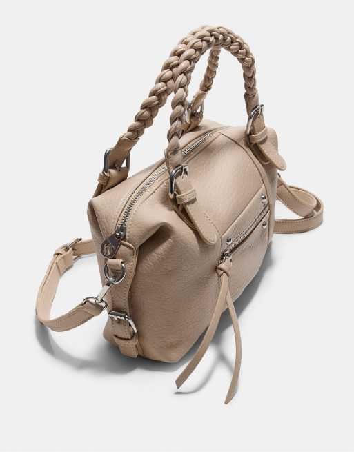 Stradivarius borsa bowling con manico intrecciato color ecru, 4 di 4