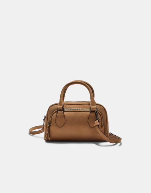 Stradivarius - Borsa bowling in camoscio sintetico color caramello con zip