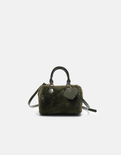 Stradivarius - Borsa bowling in pelliccia sintetica kaki con cuore - view 1