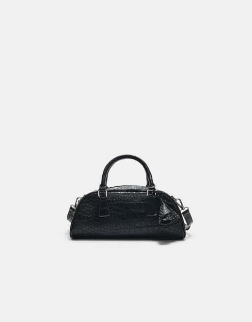 Stradivarius - Borsa bowling nera con dettaglio floreale