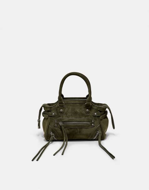 Stradivarius borsa city con borchie e tiralampo in khaki - view 1