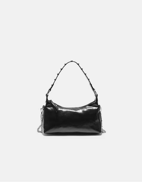 Stradivarius - Borsa da spalla a mezzaluna nera con borchie - view 1