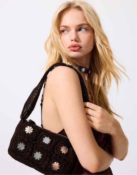Stradivarius - Borsa da spalla all'uncinetto marrone con specchietti - view 1