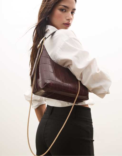 Stradivarius - Borsa da spalla bordeaux effetto coccodrillo con fibbia, 3 di 4