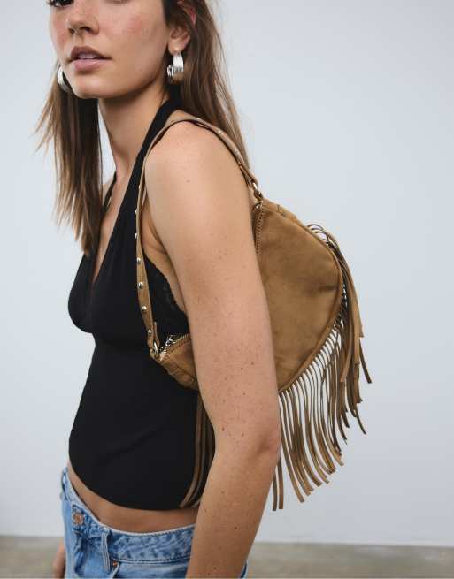 Stradivarius - Borsa da spalla color caramello con frange a forma di luna, 2 di 4