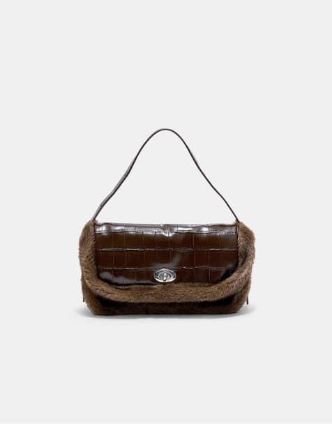 Stradivarius borsa da spalla combinata con effetto coccodrillo e pelliccia sintetica marrone - view 1