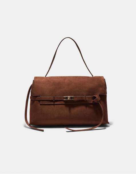 Stradivarius - Borsa da spalla da donna color cammello pallido con chiusura in metallo - view 1