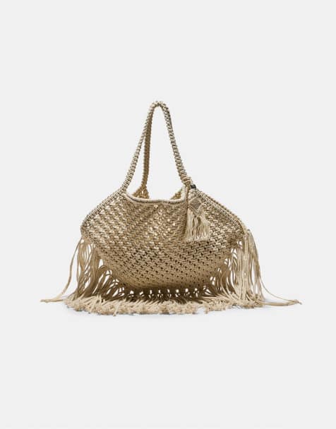 Stradivarius - Borsa da spalla écru in macramé con frange - view 1