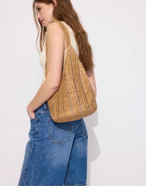 Stradivarius - Borsa da spalla écru in rafia con fili metallizzati, 2 di 4