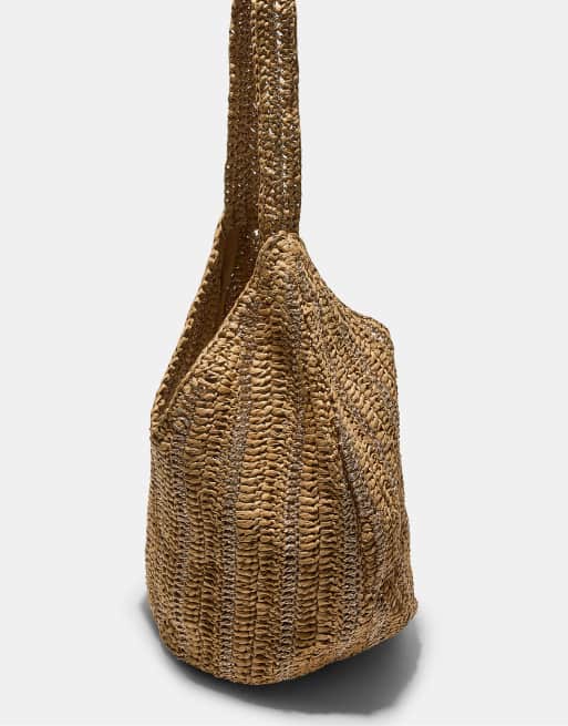 Stradivarius - Borsa da spalla écru in rafia con fili metallizzati, 4 di 4