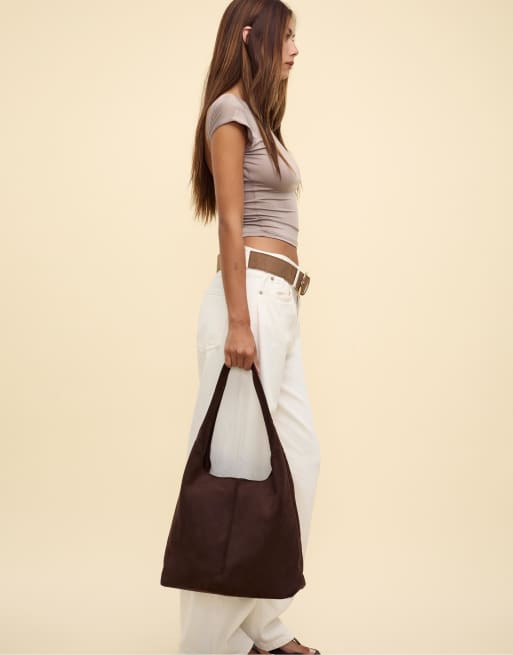 Stradivarius - Borsa da spalla in camoscio sintetico marrone, 4 di 4