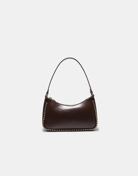 Stradivarius - Borsa da spalla in pelle sintetica marrone con perline - view 1